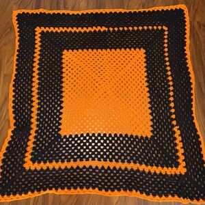 Handmade‎ Crocheted Afghan Orange Black Throw Blanket 56" x 56" Fall Halloween